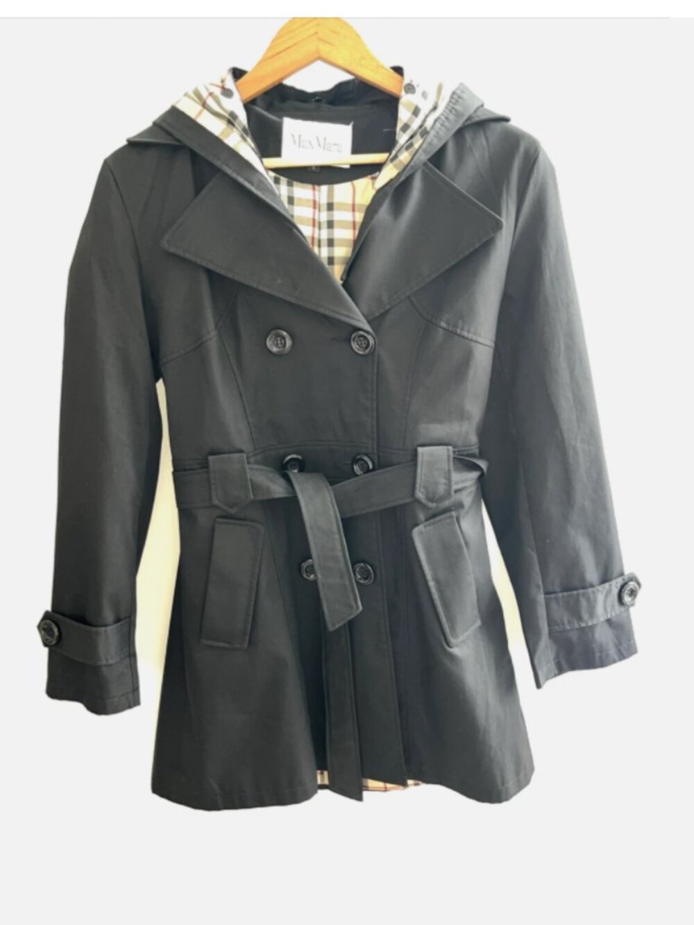 MAX MARA Vintage Black Trench Coat Plaid Lining Hooded Pockets Size L